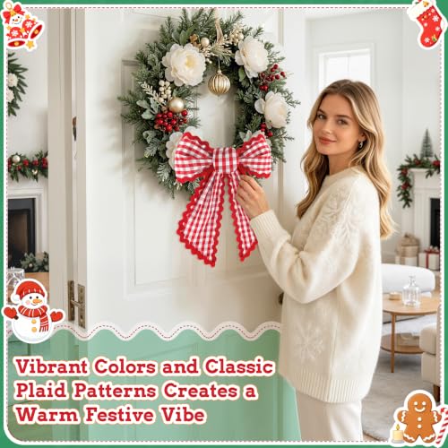 HOMEBROS Red and White Plaid Wreath Sash with Trim, 56" Front Door Decor