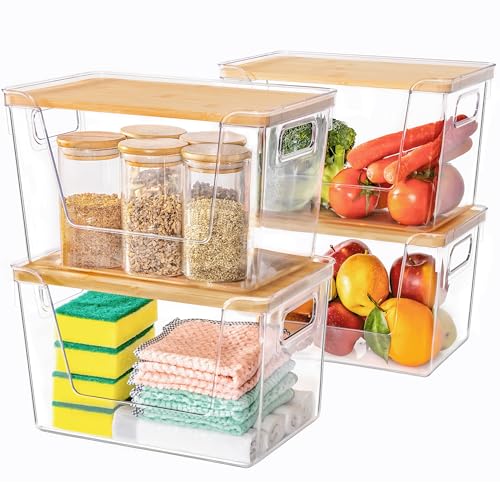 Criusia 4 Pack Large Stackable Pantry Organizers with Bamboo Lids for Kitchen Storage