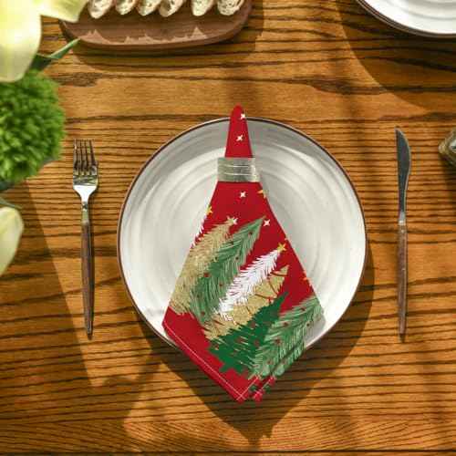 Horaldaily Christmas Cloth Napkins 18 x 18 Inch, Christmas Pine Tree Stars Red Party Dinner Decoration Washable Napkins Set of 4