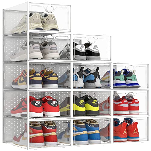 Pinkpum XXL 12 Pack Clear Stackable Shoe Storage Boxes - Large Capacity, Breathable, Easy Assembly