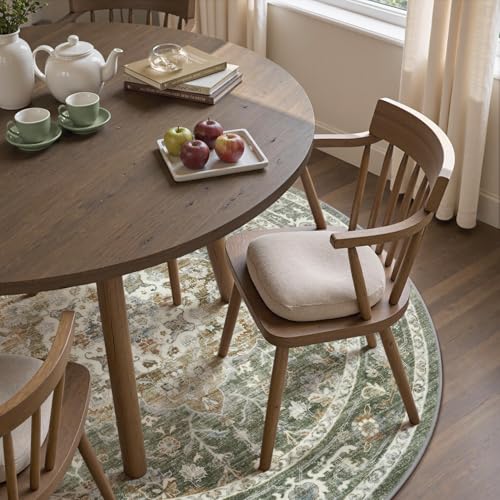 8ft Olive Green Round Rug - Non Slip Machine Washable Living Room Carpet