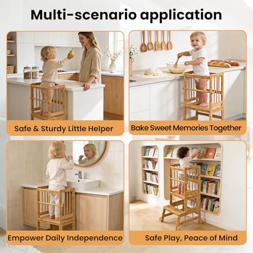HBTower Kids Kitchen Step Stool with Safety Rails - Toddler Standing Tower, Eco-Friendly Bamboo, Easy Assembly