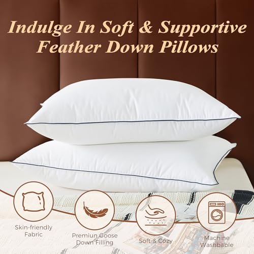Queen Pack of 2 Goose Feather Down Pillows - Ultra Comfort Sleep Bedding