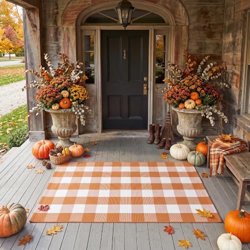 Caramel Buffalo Plaid Rug 3 x 5 ft for Entryway, Porch & Indoor Use - Farmhouse Style