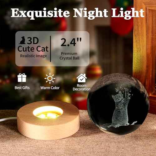 Ideal Cat Gifts, 2.4In Cute Crystal Cat Ball Lamp with Wooden Base, Gifts Ideas for Cats Lover, Girlfriend Mom Girl-Christmas, Birthday, Mothers Day, Cute Cats Decor for Home Office Bedroom