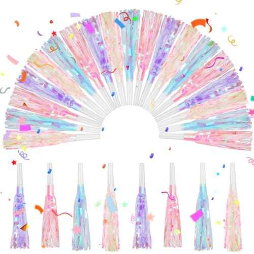 24 Pcs Party Blowers Noise Makers Mermaid Unicorn Pink Purple Pastel Party Horns Favor Glitter Metallic Fringed Blowers Favors for Kids Girl Adults Birthday Christmas New Years Eve Supplies