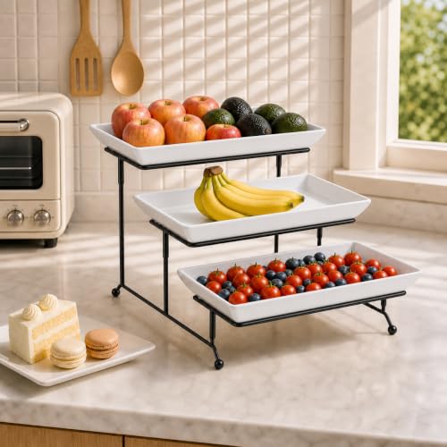 MALACASA 3-Tier Serving Tray Stand, White Porcelain Platters, 12 Inch