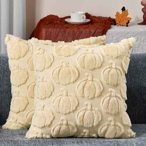 DFXSZ Fall Pillow Covers 18x18 Set of 2 Fall Decorations Autumn Beige Pumpkin Throw Pillow Cases Soft Plush Faux Fur Wool Couch Cushion Case for Chair Sofa Living Room Home Decor PTK045A18