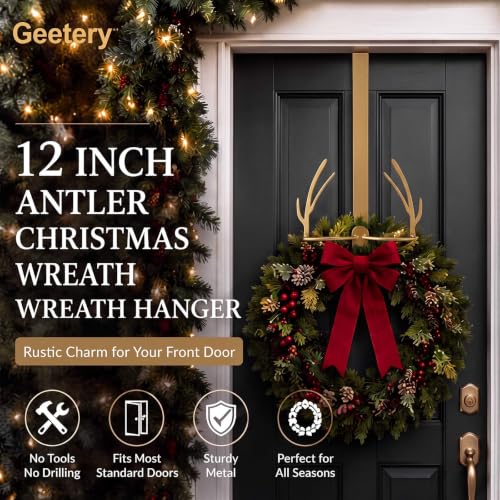 12 Inch Metal Christmas Wreath Hanger with Rustic Antler Design for Front Door