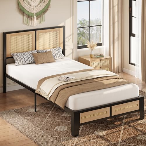Twin Rattan Bed Frame with Headboard - Boho Metal Platform Bed, No Box Spring Needed