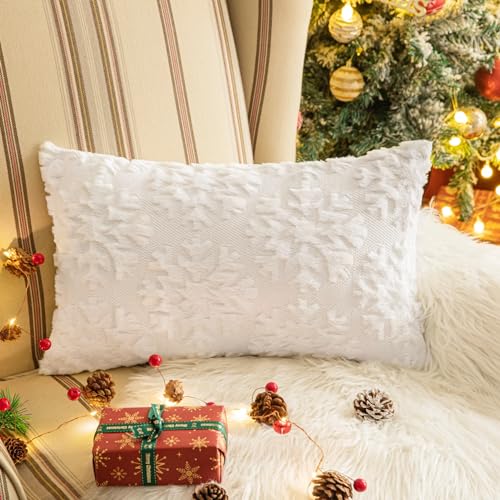 AQOTHES Set of 2 Christmas Snowflake White Throw Pillow Covers 20x12 Inches