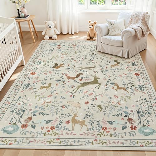 Yidanamy Beige Animal & Floral 5x7 Washable Area Rug for Living Room & Nursery