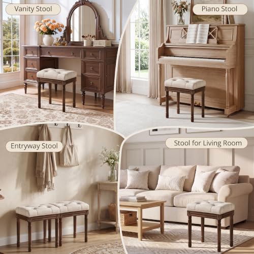 French Vintage Vanity Bench with Carved Dark Brown Wood Legs and Linen Cushion - Linen & Dark Brown Variation