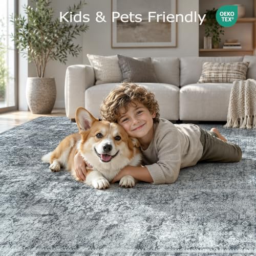 8x10 Black Grey Washable Area Rug - Soft Abstract Living Room Carpet - Non-Slip