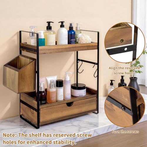 Acacia Wood Bathroom Counter Organizer with Drawer - Dark Brown, 2-Tier Vanity Shelf