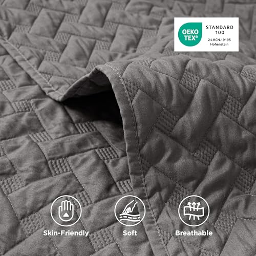 Bedsure Queen Size Grey Quilt Set with Basket Weave Pattern - All Seasons Lightweight Comforter and Pillow Shams