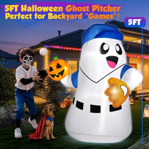5FT Halloween Inflatable Ghost Pitcher with Pumpkin Baseball Outdoor Yard Decoration LED Lights