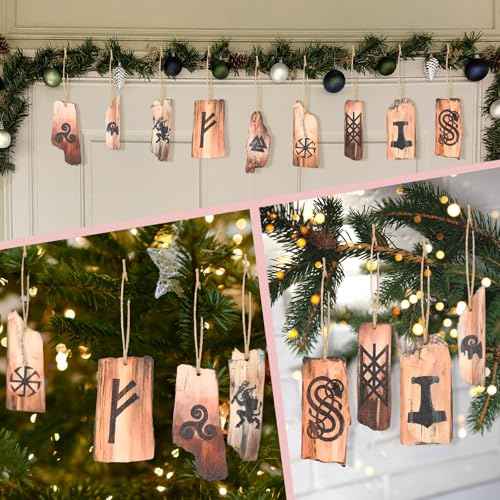 9 Pcs Viking Rune Yule Ornaments Pagan Wooden Christmas Tree Hanging Decorations Natural Wood Retro Ornaments for Xmas Party Decor