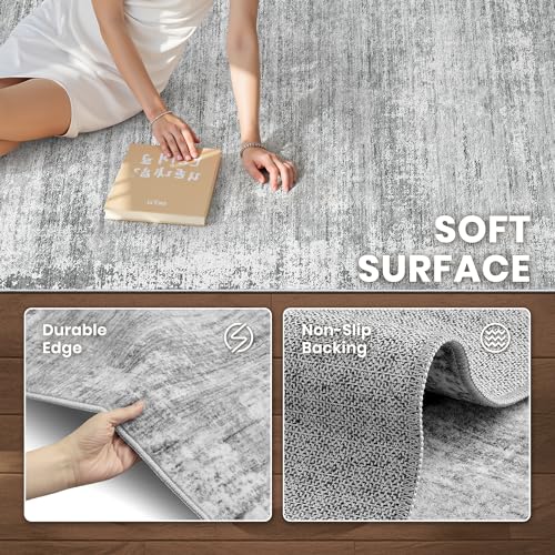 Grey 8x10 Abstract Area Rug with Non-Slip Backing, Washable and Stain-Resistant