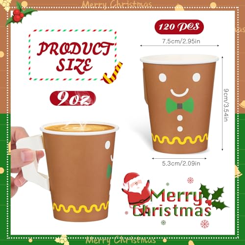 Gingerbread Man Christmas Paper Coffee Cups with Handles, 120 Pack
