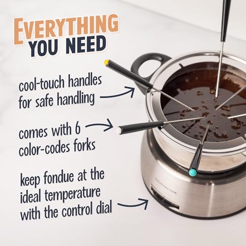 Electric Fondue Pot 1.5 Quart Stainless Steel with Temperature Control & 6 Color Forks - Perfect for Chocolate & Cheese - Variation: Stainless