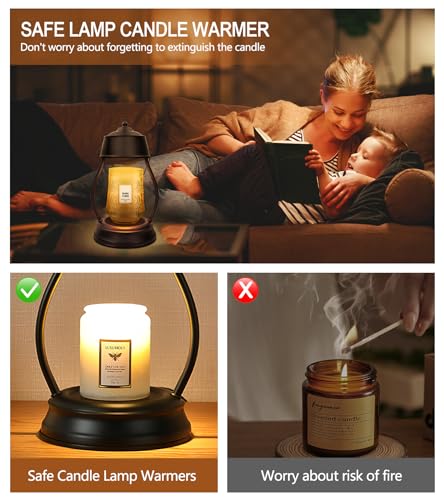 YULOFMVE Black Vintage Lantern Candle Warmer Lamp with Timer & 2 Bulbs