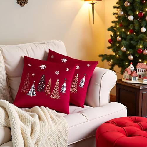 Tosleo 16x16 Inch Christmas Throw Pillow Covers Set of 2, Red Xmas Tree