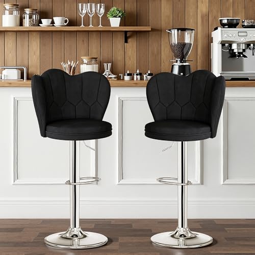 Adjustable Velvet Bar Stools Set of 2 with Backrest - Black