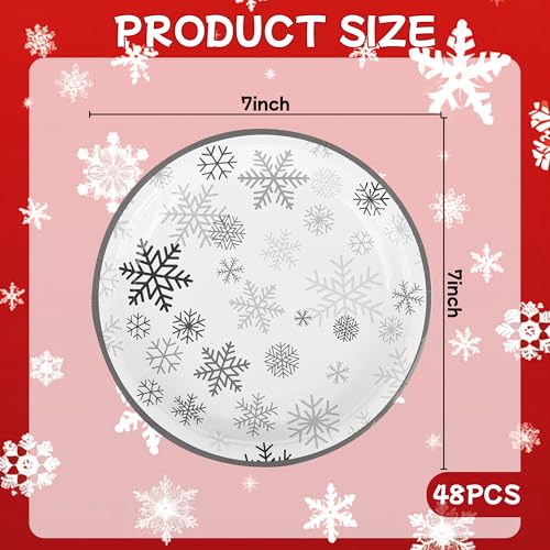 AimFun 48 Pcs Grey Snowflake 7-Inch Dessert Plates - Disposable Christmas Party Tableware