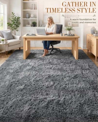 8x10 Ft Large Area Rug for Living Room and Bedroom - Grey Fluffy Shaggy Carpet