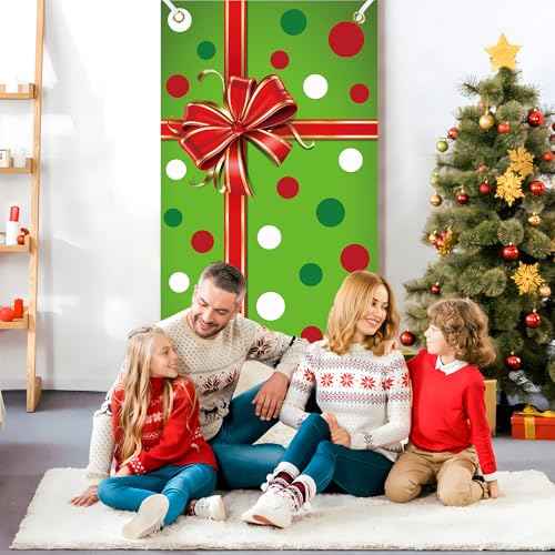 Christmas Door Cover Xmas Gift Box Door Hanging Banner Merry Christmas Front Doors Cover Backdrop Decorations for Holiday Indoor Outside Party Supplies, 70.9 x 35.4 Inch(Green Polka Dots)
