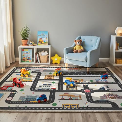 Nayoroom Kids Car Road Playroom Rug 4x6 ft Faux Wool City Map Non-Slip