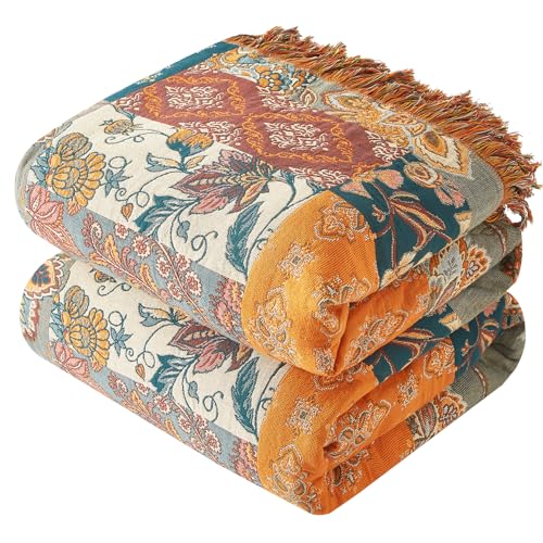 Boho Patchwork Throw Blanket - 100% Cotton Floral Woven Quilt Twin 60x80 - Bailix