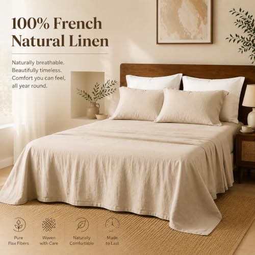 Queen Linen Sheets Set - 4Pcs 16-Inch Deep Pocket French Flax Linen