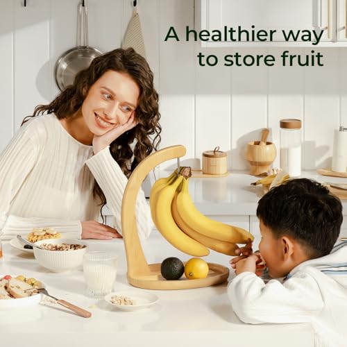 Bamboo Banana Holder with Fruit Tray - Extra Tall 12.9 Inch Stand, Natural Kitchen Organizer