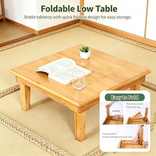 Foldable Bamboo Coffee Table - 60x60x27 cm Low Square Floor Table