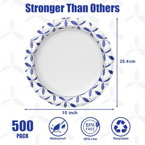 10 Inch Heavy Duty Disposable Paper Plates - 500 Pack, Leakproof & Cut-Resistant - BYSNOW
