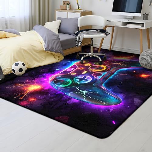 Game01 5x7 ft Neon Gaming Area Rug for Boys Room - Colorful Controller Carpet for Gamer Zone