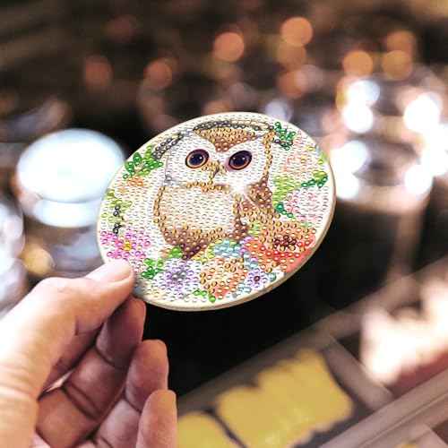 Diamond Painting Coasters Kit - 8 PCS Owl Diamond Art Kits for Adults Crafts Set for DIY Flower Coasters with Holder Table Home Decor Christmas Birthday Gift for Beginners Adult