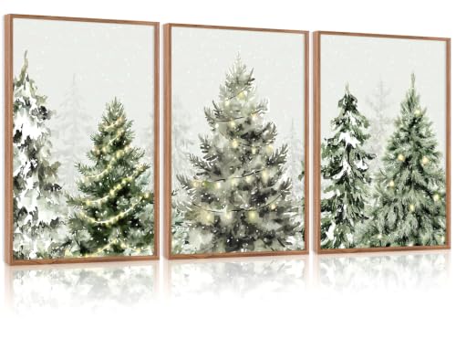 Large Framed Christmas Tree Wall Art - Winter Snowy Pine Scene, 24x36 Inches, Holiday Decor
