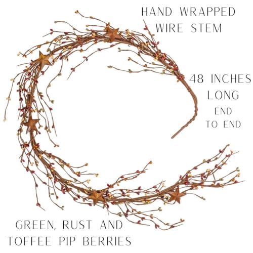 48" Green, Rust & Toffee Pip Berry Star Garland – Earth‑Tone Berries