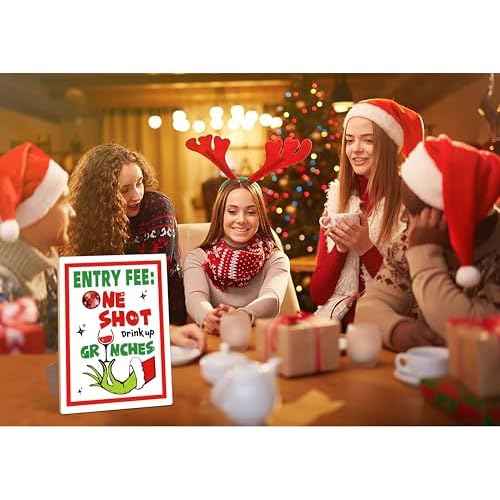 Entry Fee One Shot Table sign - Christmas Party, Drink up Grinches for Christmas Holiday Party Decorations, 8¡¿11 Wooden Play Sign with Stand