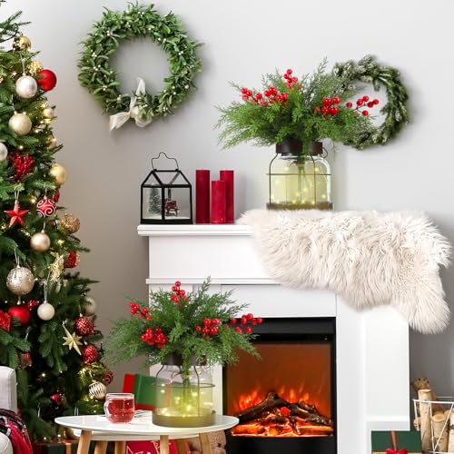 Knitgrip Christmas Norfolk Berries Picks with Glass Vase & LED Lights - 2 Set