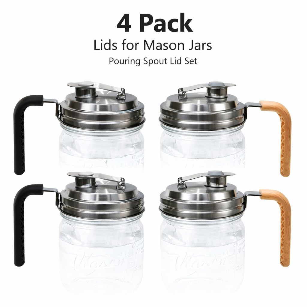 Stainless Steel Mason Jar Lids with Rubber Gasket and Handle,Mason Jar Lids for Wide Mouth,Bottle Cover for Cold Brew Grain Screw Cans Caps (Jars Not Included) (4)