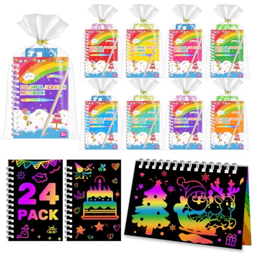 24 Pack Rainbow Scratch Art Notebooks for Kids - Creative Party Favors & Classroom Rewards