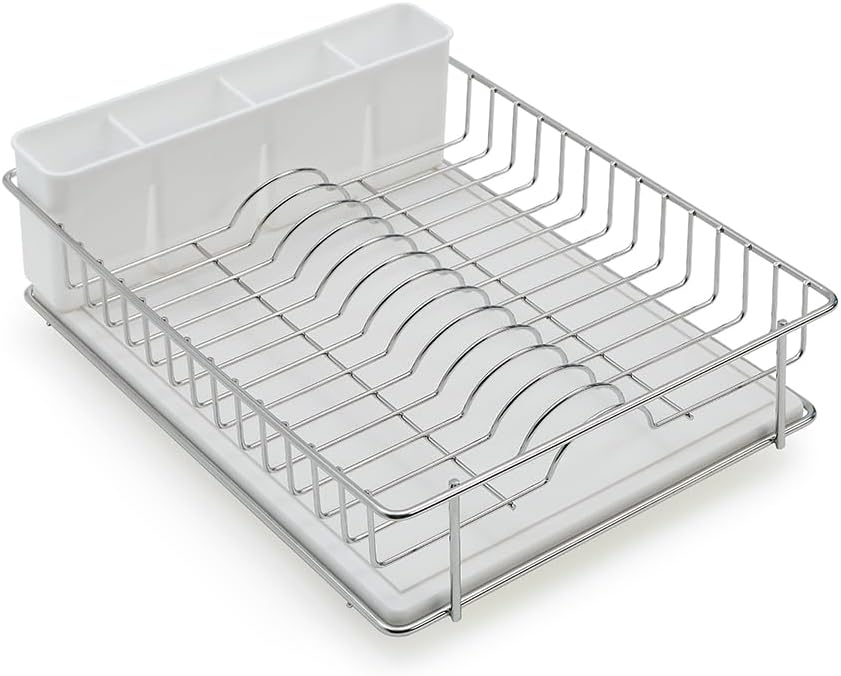 SunnyPoint 304 Stainless Steel Dish Drying Rack - Rust Resistant with Diatomaceous Earth Drainboard & Utensil Caddy | Silvery-Grey