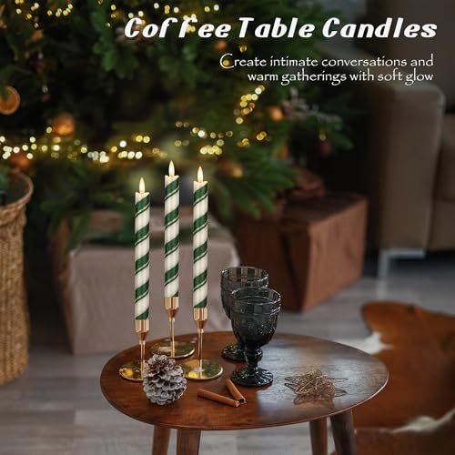 JOIONE Flameless Candles with Remote - 3 Pack Christmas Green Stripe Taper Candles