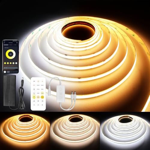 49ft Tunable White COB LED Strip Lights - Dimmable 2700K-6500K RGBW Light Kit with Remote