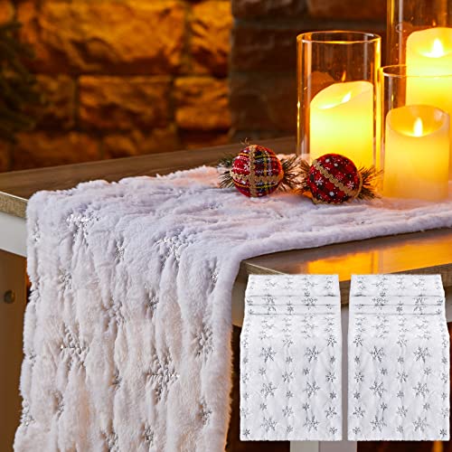 Christmas Faux Fur Table Runner with Sequin Snowflake, 2 Pack, Silver