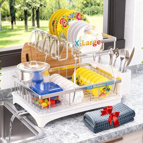 Godboat Silver 2-Tier Stainless Steel Dish Drying Rack with Auto Drain System